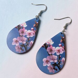 Cherry Blossom Teardrop Dangle Earrings Pink Floral Blue Sky Lightweight Spring